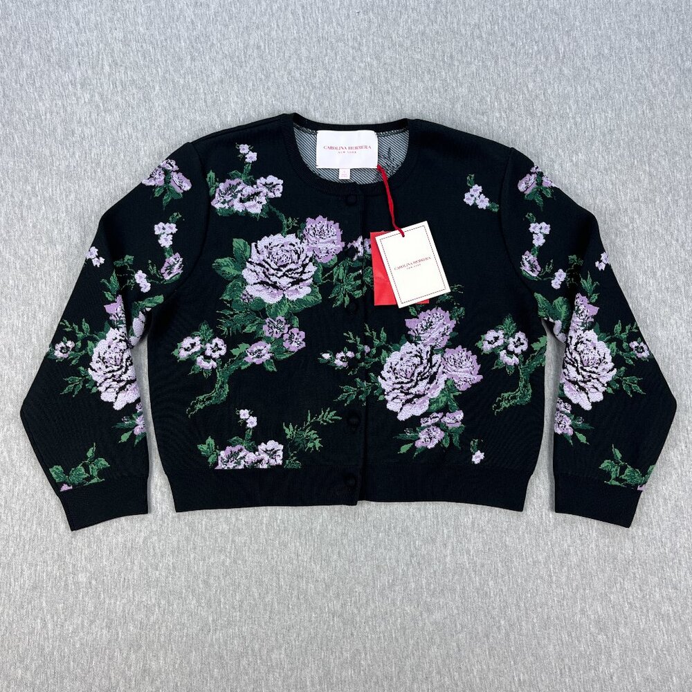 Carolina Herrera Cropped Cardigan Sweater Womens L Black Floral Knit Silk NEW